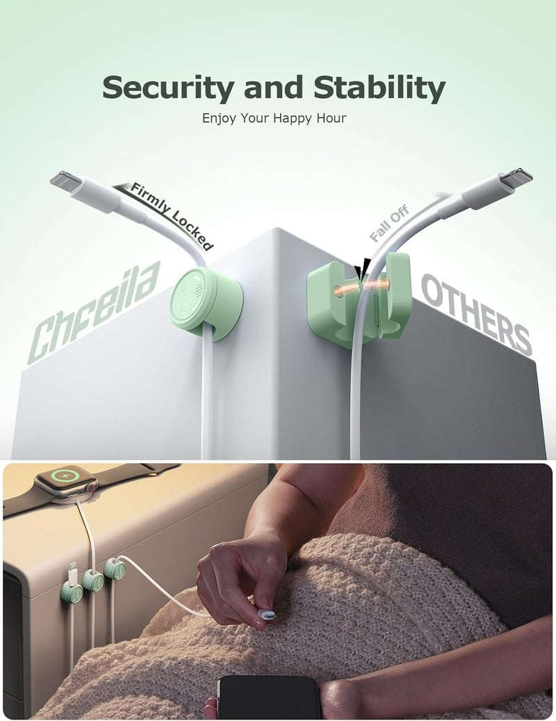 Chfeila 9 Pack Magnetic Cable Clips - [Upgraded Twist-Lock] Cord Organizer, [360°Rotating Lid] Cable Management, Adhesive Wire Holder for Home Office Desk Desktop Nightstand Car Table Wall (Green) - Image 3